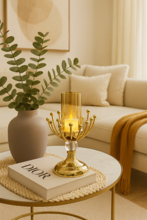 Luxury golden lotus candle stand made of premium metal, elegant home decor accent for living room, bedroom, and festive decoration in Bangladesh