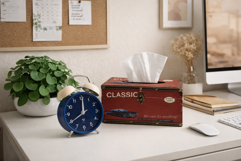 colorful analog table clock placed on modern office desk and home workspace setup in bangladesh